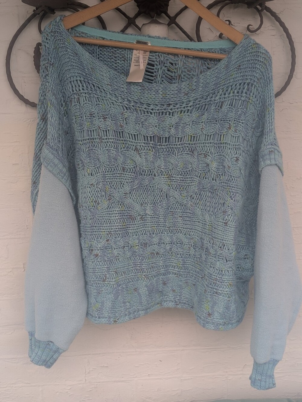 Free People Oversized Speckled Light Blue Cable Knit Sweater Women's Size Large - Picture 15 of 16